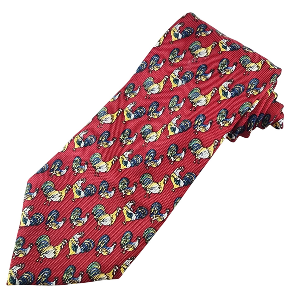 Sabatini Necktie All Silk Rooster Print Hand Made Italy Red Tie